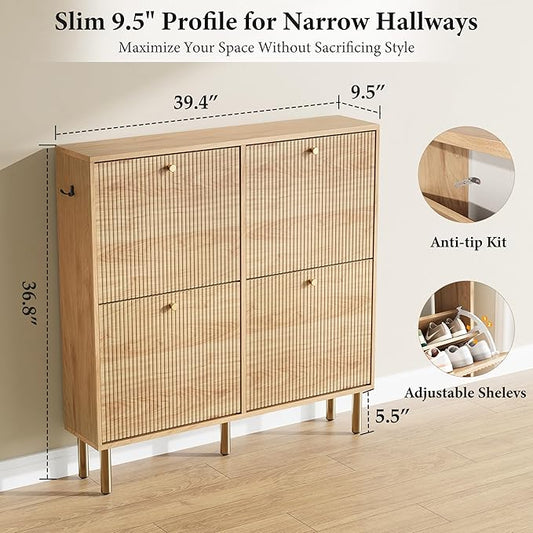 Nicetree Shoe Storage Cabinet for Entryway - 4 Flip Drawers Shoe Cabinet with Tiered Fluted Design - Slim Shoe Storage Rack with Gold Legs - Narrow Shoe Cabinet Hidden Shoe Organizer for Small Spaces