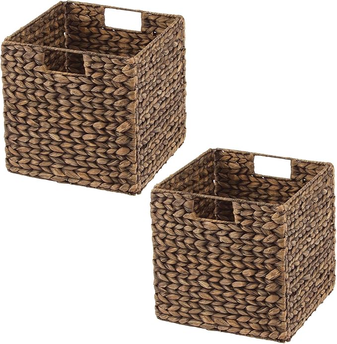 mDesign Natural Woven Hyacinth Cube Organizer Basket with Handles, Storage for Bathroom, Laundry Room Shelf or Nursery - Perfect for Cubby Storage Units - Hold Blankets and Books - 2 Pack, Brown Wash