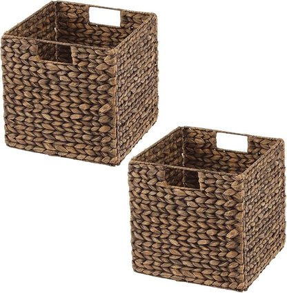 mDesign Natural Woven Hyacinth Cube Organizer Basket with Handles, Storage for Bathroom, Laundry Room Shelf or Nursery - Perfect for Cubby Storage Units - Hold Blankets and Books - 2 Pack, Brown Wash