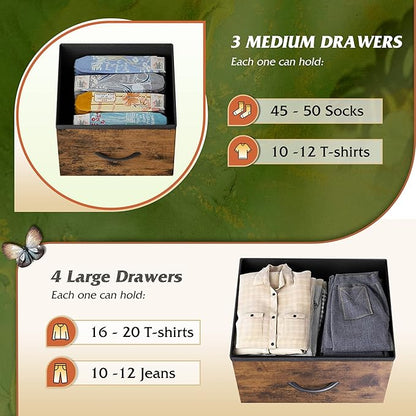WLIVE 7 Drawer Dresser TV Stand, Entertainment Center, Media Console Table with Metal Frame and Wood Top for TV up to 45 inch, Chest of Drawers for Bedroom, Living Room, Rustic Brown Wood Grain Print