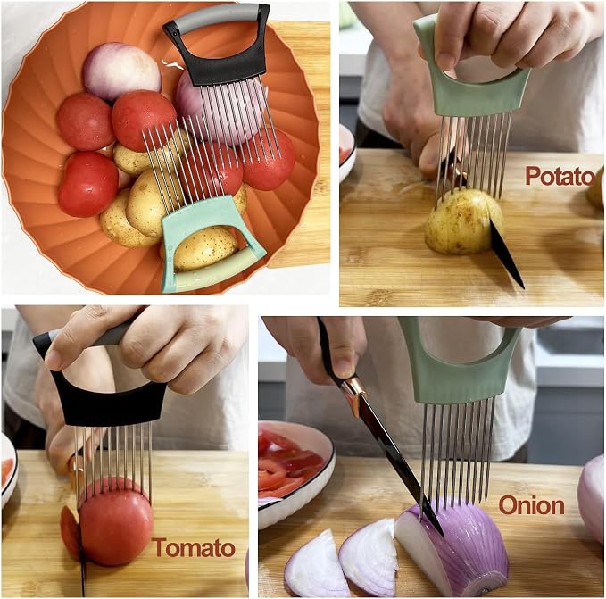 Onion Holder for Slicing | Non-Slip TPR Handle, Safe Storage Tip Cover, Multi-Purpose Food Slicer Assistant Tool