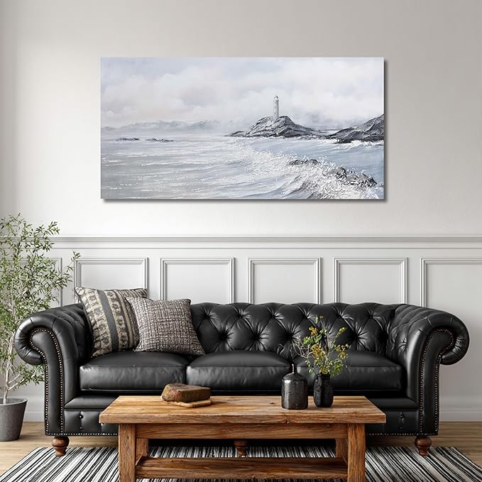 Belmrxne Coastal Wall Art Grey and White Ocean Wall Decor Lighthouse Canvas Painting Textured Aesthetic Artwork for Living Room Bedroom Dining Room Office 24x48 Inches