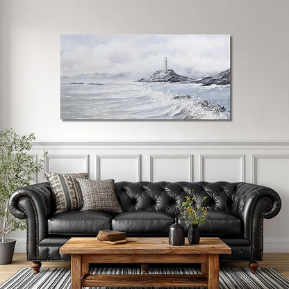Belmrxne Coastal Wall Art Grey and White Ocean Wall Decor Lighthouse Canvas Painting Textured Aesthetic Artwork for Living Room Bedroom Dining Room Office 24x48 Inches