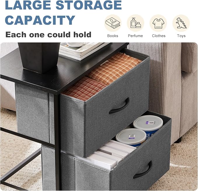 DUMOS Nightstand Set of 2, Small Dresser with 2 Fabric Drawers Side Bedroom End Table Kids Bedside Storage Furniture for 25 inch Tall Night Stand for Closet, Entryway, College Dorm, Ash