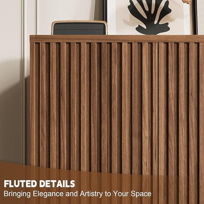 Rophefx Fluted Sideboard Cabinet, 63" Buffet Cabinet with Storage, Credenza Storage Cabinets with Adjustable Shelf, Wood Entryway Cabinets with Pop-up Doors for Living Room, Entryway, Hallway, Walnut