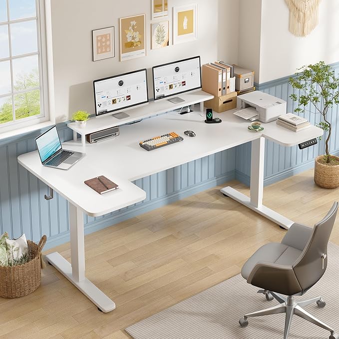 EnHomee 71 Inch Standing Desk Adjustable Electric with Monitor Stand, Computer Desk with Power Strip, Memory Height Home Office Desk for Home and Study Room, White
