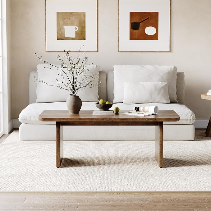 LITTLE TREE Farmhouse Coffee Table, 47 Inches Wooden Center Tables with Rounded Corners, Rectangular Living Room Tables, Modern Low Cocktail Tea Furniture for Living Room (Rustic Brown)