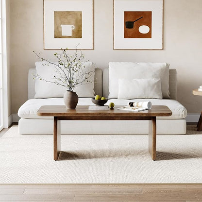 LITTLE TREE Farmhouse Coffee Table, 47 Inches Wooden Center Tables with Rounded Corners, Rectangular Living Room Tables, Modern Low Cocktail Tea Furniture for Living Room (Rustic Brown)