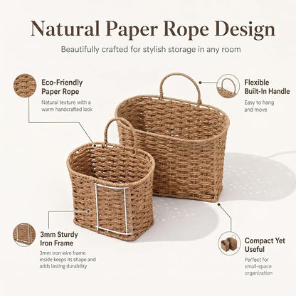 Coeusy Set of 2 Hanging Basket, Paper Rope Wall Basket for Flowers,Mail,Planters, Large Door Basket for Organizing,Storage,Home Decor,Natural