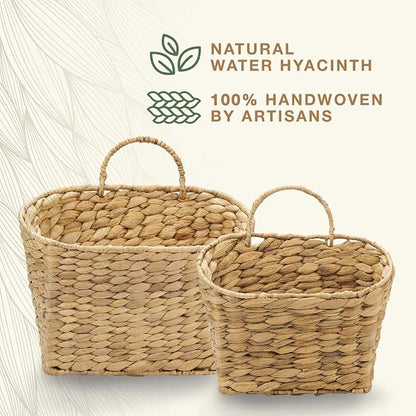 84ECO Set of 2 Wicker Hanging Baskets for Organizing, Front Door, Mail, Flowers - Woven Wall Baskets for Storage