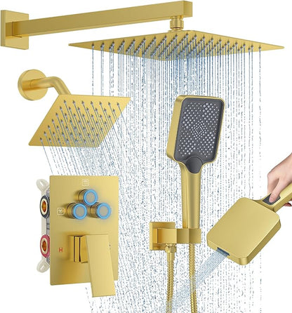 Shower Faucet Set, 10" Wall Mount Rainfall Shower System with 2 Rain Shower Head and Multi-function Handheld Head Push Button Diverter Shower Faucet Trim Kit Brushed Gold