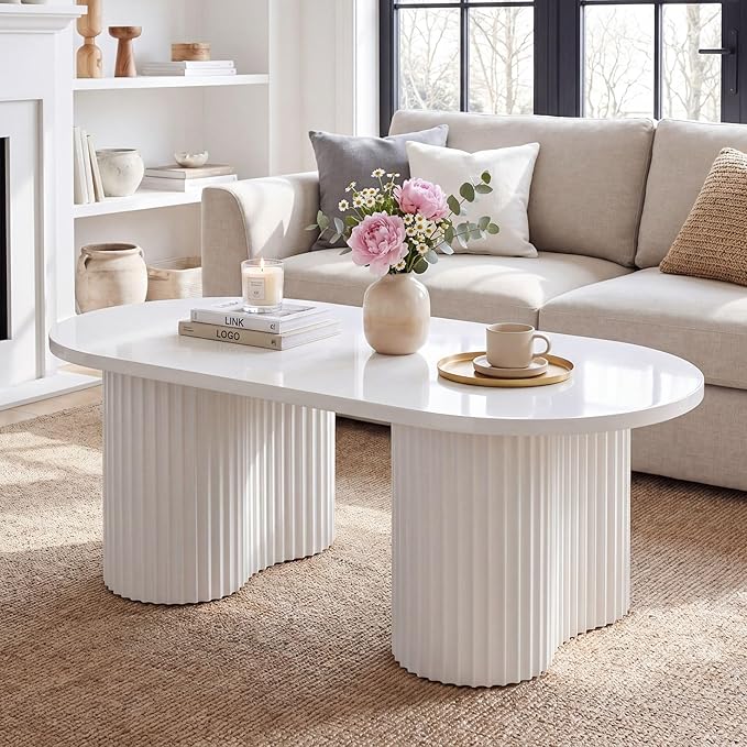Tribesigns Oval Coffee Table, 47" Modern Center Table with Fluted Design, Tea Table with Sturdy Legs for Living Room, Bedroom, Office, Easy Assembly, White