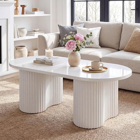 Tribesigns Oval Coffee Table, 47" Modern Center Table with Fluted Design, Tea Table with Sturdy Legs for Living Room, Bedroom, Office, Easy Assembly, White