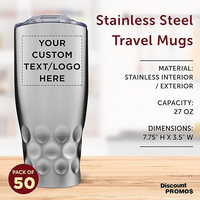 Custom Stainless Steel Tumblers by Molokini 27 oz. Set of 50, Personalized Bulk Pack - Double Wall, Perfect for Coffee, Soda, Other Hot & Cold Beverages - Silver