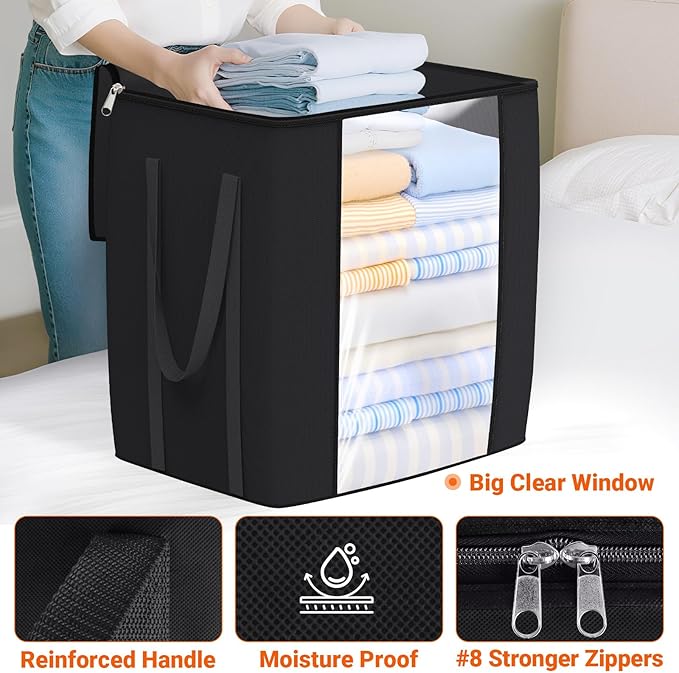 TasticTotes 120L Extra Large Clothes Storage Bags, Foldable Blanket Storage and Organization, Thick Fabric Containers with Reinforced Handles & Zippers for Clothing, Comforters, Bedding, Black, 6 Pack