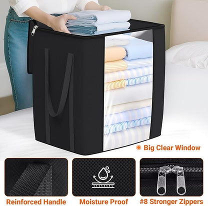TasticTotes 120L Extra Large Clothes Storage Bags, Foldable Blanket Storage and Organization, Thick Fabric Containers with Reinforced Handles & Zippers for Clothing, Comforters, Bedding, Black, 6 Pack