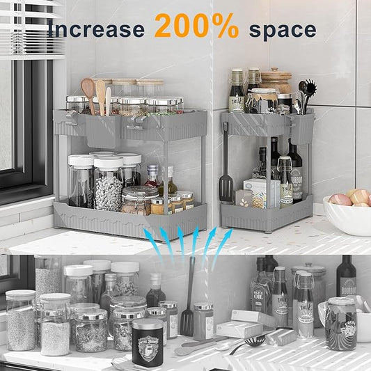 Sevenblue 2 Pack Under Sink Organizer, Under Bathroom Cabinet Organizer with Hooks Hanging Cup, Multi-Purpose Storage Shelf for Kitchen Bathroom (Gray, 12.8 Inch)