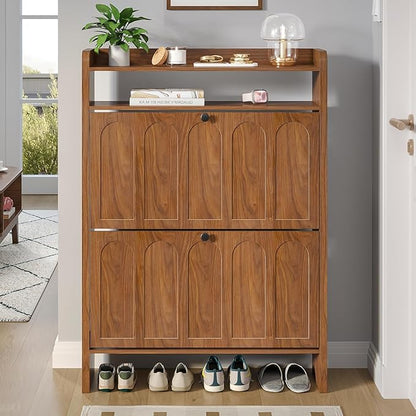 Shoe Storage Cabinet for Entryway with 2 Flip Drawers, Narrow Shoe Cabinet with Open Storage for Entryway