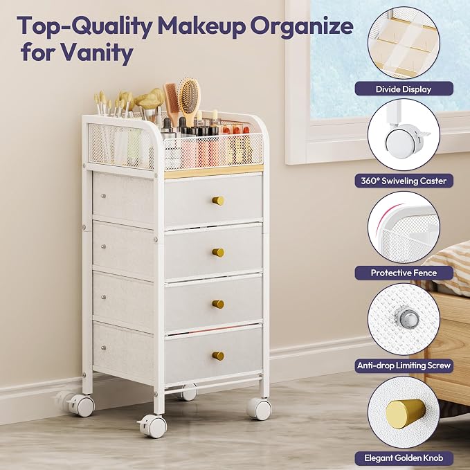 SWTYMIKI Rolling Makeup Organizer Cart - Under Desk Vanity Makeup Storage with 4 Non-woven Drawers, Nail Cart Organizer Cosmetic Display Cases Cabinet for Skin Care Perfume Nail Polish Brush Hair Tool