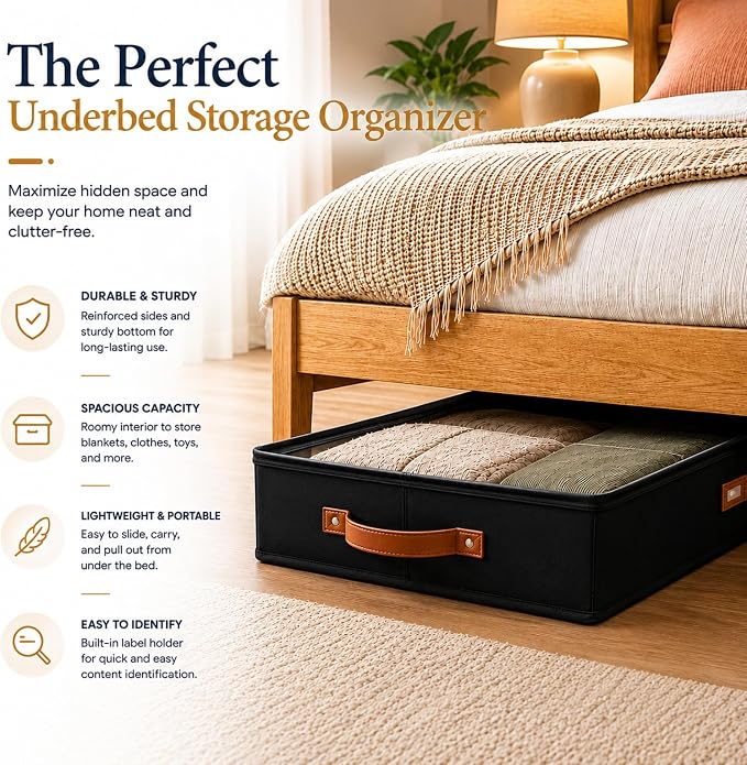 HOMELUX THEORY 2pc Low Profile Under Bed Storage Containers, Thin Under Couch Storage Organizer with Bins & Lids, Underbed Storage Box Ideal for Seasonal Clothes, Blankets, Fabric & Shoes (Black)