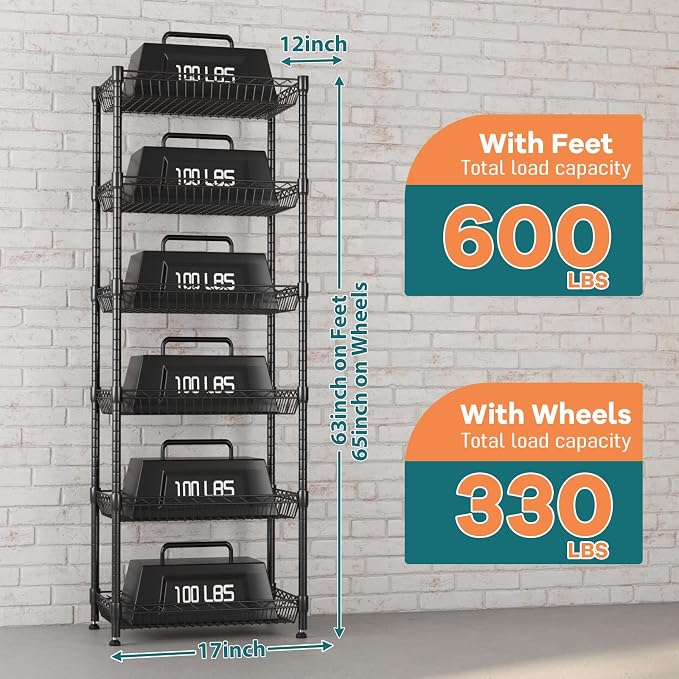 Himimi 6 Tier Rolling Storage Cart, Metal Wire Basket Rack with Wheels, Adjustable Storage Shelves Organizer Shelf for Kitchen Pantry Garage Laundry Room Bathroom, 17" W X 12" D X 63" H, Black