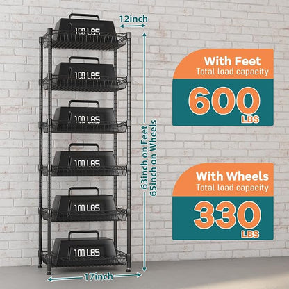Himimi 6 Tier Rolling Storage Cart, Metal Wire Basket Rack with Wheels, Adjustable Storage Shelves Organizer Shelf for Kitchen Pantry Garage Laundry Room Bathroom, 17" W X 12" D X 63" H, Black