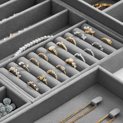 Velvet Jewelry Drawer Organizer Trays – Large Grey Stackable Jewelry Storage Inserts Set, 4-Layer Jewelry Tray Set for Earrings, Rings, Necklaces, Bracelets with Removable Dividers for Dresser, Vanity