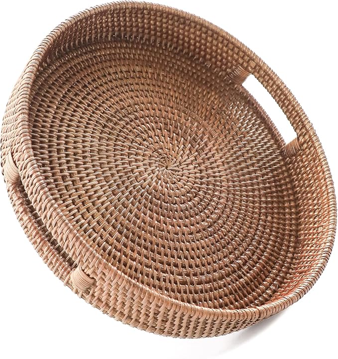 HITOMEN 14.2" Hand-Woven Round Rattan Serving Tray Decorative Ottoman Wicker Platter with Handles for Coffee Table, Breakfast, Drinks, Snack, Bread, Fruit, Vegetables (Warm Brown-L)