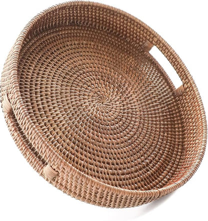 HITOMEN 14.2" Hand-Woven Round Rattan Serving Tray Decorative Ottoman Wicker Platter with Handles for Coffee Table, Breakfast, Drinks, Snack, Bread, Fruit, Vegetables (Warm Brown-L)