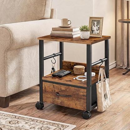 HOOBRO 2-Tier Printer Stand, Under Desk Printer Table with Drawer, Printer Cart with Storage, with Casters/Adjustable Feet, for Home Office, Study, Living Room, Rustic Brown and Black, BF20PS01