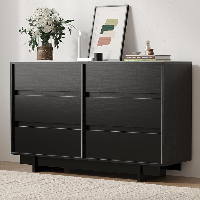 47" Wide Dresser for Bedroom with 6 Drawers,Black Modern Dressers Chest of Drawers,Wooden TV Stand,Closet Clothes Organizer for Bedroom,Hallway