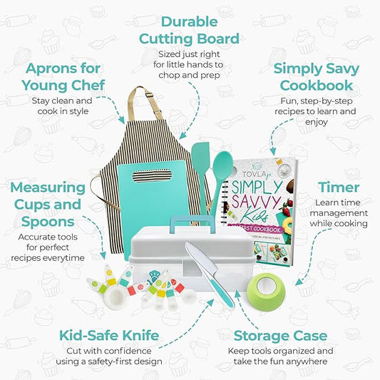 TOVLA JR. Kids Real Cooking Set | Cooking Tools for Kids Ages 5–12 | Montessori-Inspired Beginner Kitchen Kit with Visual Recipe Cookbook & Storage Case | Christmas & Birthday Gift for Boys & Girls