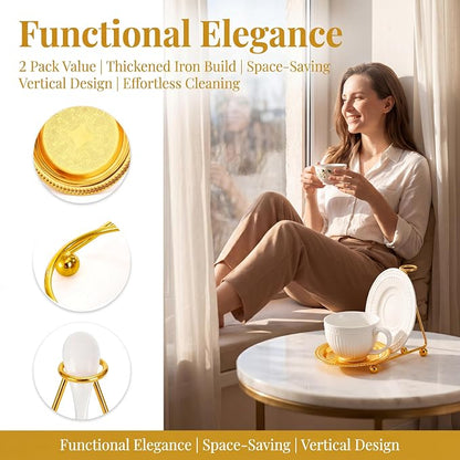 2 Pack Cup and Saucer Display Stand, Gold Teacup Saucer and Spoon Holder with Base, Decorative Plate Storage Rack, Desktop Coffee Mug Organizer for Plates, Bowls, Tablet, Art