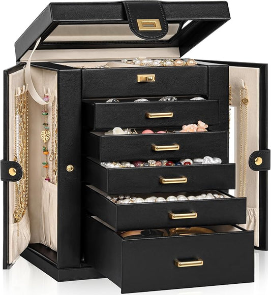 AKOZLIN 6-Tier Jewelry Box Organizer Functional 5 Drawers Leather Jewelry Storage Case for Women Girls Ring Necklace Earring Bracelet Holder Organizer with Mirror Black 360° Rotating