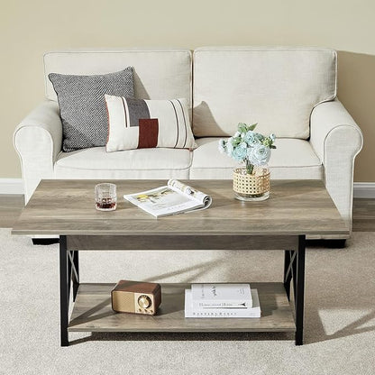 GreenForest Coffee Table with Storage, 39inch Modern 2-Tier Coffee Tables for Living Room, X-Frame Design Farmhouse Coffee Table Space Saving Living Room Small Tables, Easy Assembly, Grey Wash