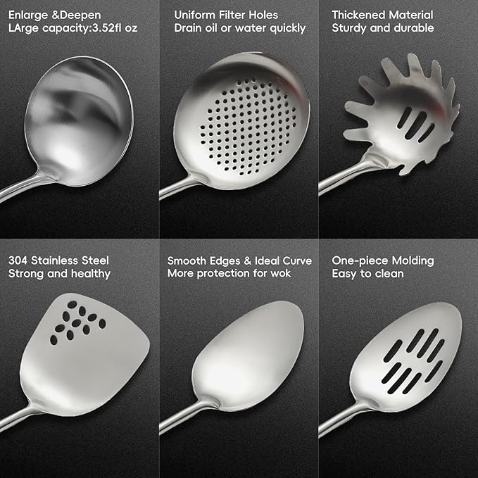 Stainless Steel Kitchen Utensils Set with Wood Handle, 18/10 Metal Cooking Utensils Set, 6-Piece - Spatula, Spoon, Ladle, Skimmer, Slotted Spoon, Pasta