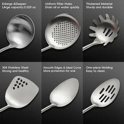 Stainless Steel Kitchen Utensils Set with Wood Handle, 18/10 Metal Cooking Utensils Set, 6-Piece - Spatula, Spoon, Ladle, Skimmer, Slotted Spoon, Pasta
