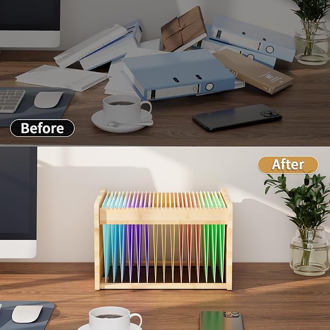 LONTAI Bamboo Hanging File Organizer, Office Desk File Organizer for Letter Size, Wood Hanging File Folders Organizer Record Holder Storage Stand Bookshelf Easy Assembly, Natural