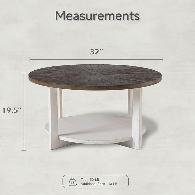LONYKE Round Wood Coffee Table with Distressed Finish Top, Two-Tone Living Room Table with Lower Storage Shelf, Farmhouse Center Table, Large Circle, Brown and White
