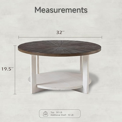 LONYKE Round Wood Coffee Table with Distressed Finish Top, Two-Tone Living Room Table with Lower Storage Shelf, Farmhouse Center Table, Large Circle, Brown and White
