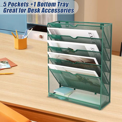 EASEPRES 6 Tier Desk File Organizer, Mesh Hanging Wall Mount Document Organization Stand, Desktop Vertical Mail Paper Folder Holder Rack with Bottom Tray for Office Cubicle, Sides Closed, Dark Green