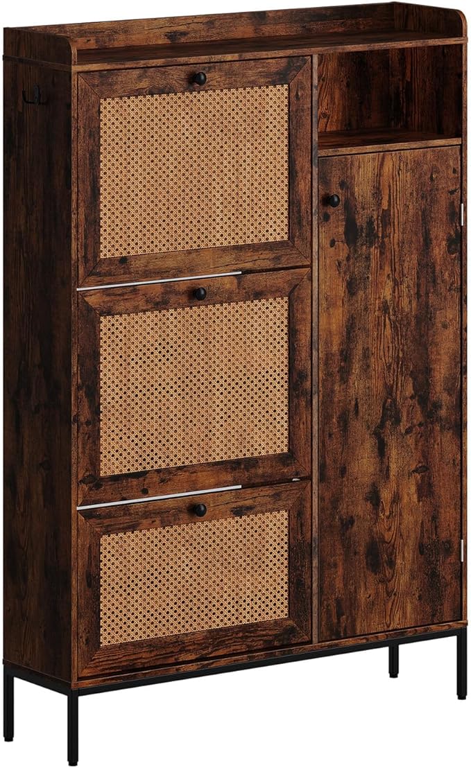Rattan Wooden Shoe Cabinet, Freestanding 3-Flip Drawer Shoe Storage Organizer, Side Cabinet & Top Fence, Easy Assembly Shoe Rack for Entryway Hallway Living Room, Brown