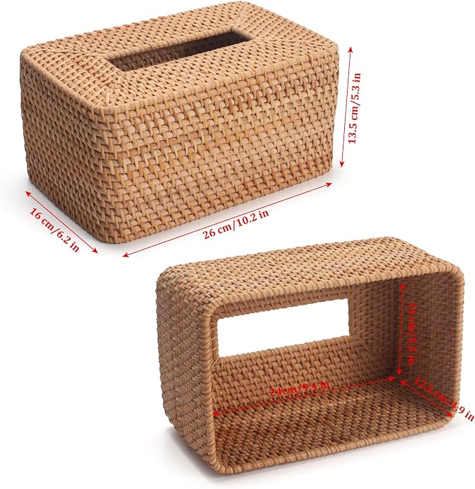 Rattan Tissue Box Cover, Rectangle Wicker Tissue Box Holder, Boho Tissue Box Cover for Living Room, Bathroom, Kitchen, Bedroom, 10.2 x 6.2 x 5.3 inch, Natural