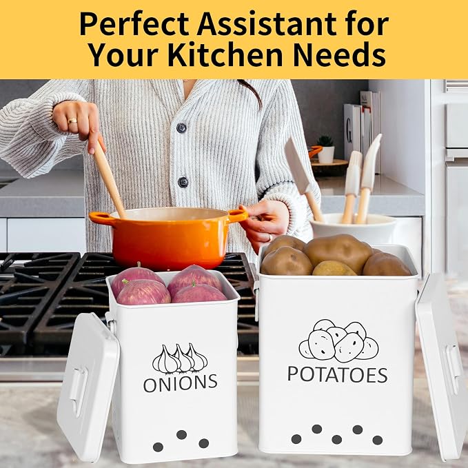Potato and Onion Storage Bin, Set of 2 Vegetable Storage Tins with Metal Lids & Side Handles, Dual-row Ventilation Holes, Farmhouse Metal Kitchen Canisters Sets, White