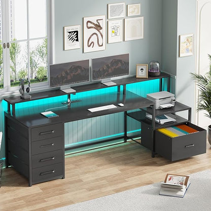 SEDETA Computer Desk with 5 Drawer, Power Outlet & Led Lights, 66'' Home Office Desk with File Drawer, Storage, Monitor Shelf, Gaming Desk, Black