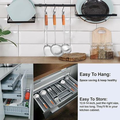 18/10 Stainless Steel Cooking Utensils with Wooden Handle, 6 PCS Stainless Steel Kitchen Utensils 12.5"-14", Wok Spatula, Ladle, Skimmer, Slotted Spatula Turner, Spaghetti Spoon, Large Spoon