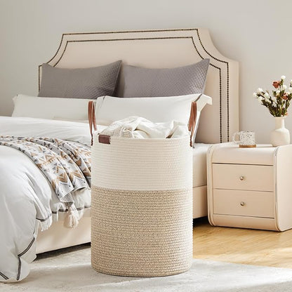 VIPOSCO Tall Laundry Basket, Large Dirty Clothes Hamper with Leather Handle, Woven Rope Storage Basket for Blanket, Toy In Living Room, Bathroom, Bedroom - 100L White & Brown