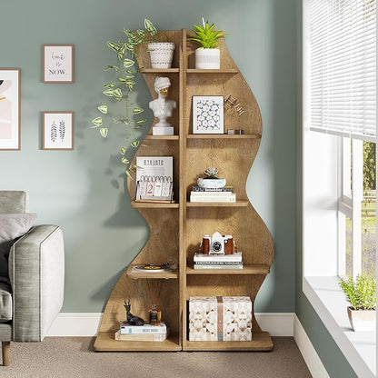 Tribesigns Corner Shelf, Modern 5-Tier Wall Corner Bookshelf, Stylish Corner Small Bookcase Storage Rack Plant Stand with Unique Shape for Living Room, Home Office (Light Brown, 2PCS)