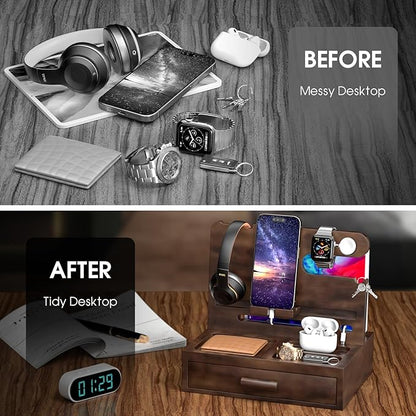 melafa365 Nightstand Organizer for Men,Phone Docking Station with Cable Management,Night Stand with Drawer,Bedside Organizer for Watches,Keys,Wallets,Gifts for Men(Brown)