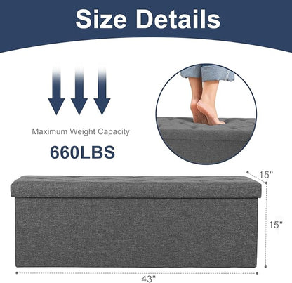 DUMOS 43 Inch Folding Storage Ottoman Bench, Large Hidden Storage Chest with Thicker Foam Padded Seat, End of Bed Foot Rest Stool for Bedroom Living Room Entryway, Load 660 lbs, Grey